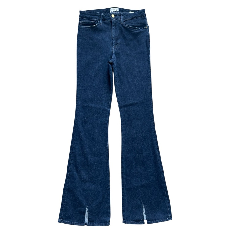 FRAME Le One Flare Jeans Size 2 Dark Wash High Rise Split Hem Stretch Denim
